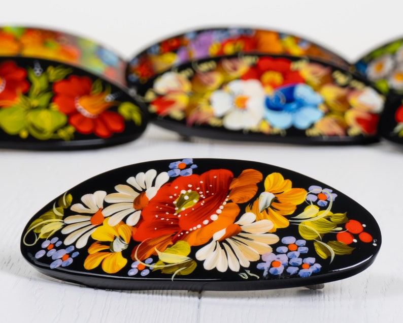 Ukrainian Hand Painted Hair Barrette For Woman, French Barrette, Wooden Accessories, Handmade Hair Clip, Petrykivka Gift Ukraine Shop, S131 image 1