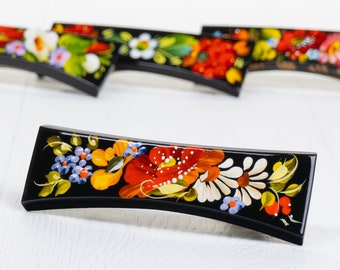 Ukrainian Hand Painted Hair Barrette For Woman, French Barrette, Wooden Accessories, Handmade Hair Clip, Petrykivka Gift Ukraine Shop, S131