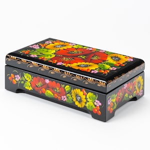 Ukrainian Large Jewelry Box, Hand Painted Lacquer Box, Handmade Decorative Casket, Unique Trinket Box, Petrykivka Gift Ukraine Shop, S162 image 2