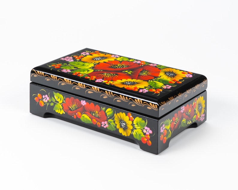 Ukrainian Large Jewelry Box, Hand Painted Lacquer Box, Handmade Decorative Casket, Unique Trinket Box, Petrykivka Gift Ukraine Shop, S162 image 2