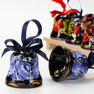 Ukrainian Christmas Decorative Jingle Bell, Hand Painted Ornament, Wooden Tree Decor Bell, Petrykivka Handmade Gift, Ukraine Seller, S022