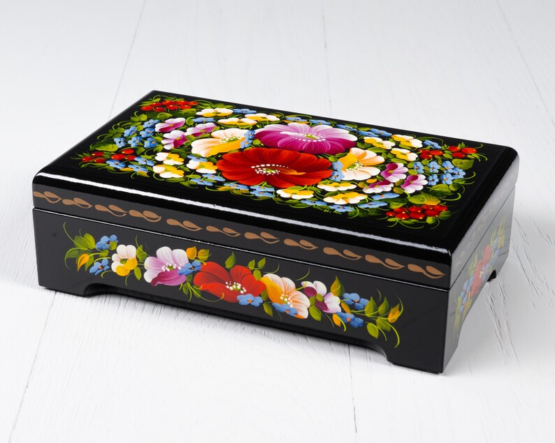 Ukrainian Lacquer Box, Handmade Decorative Casket Box, Hand Painted Unique Large Trinket Jewelry Box, Petrykivka Gift Ukraine Shop, S041 