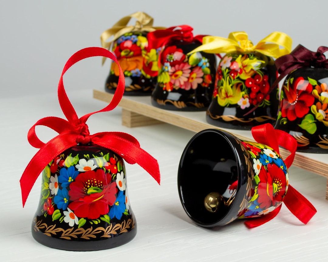 Ukrainian Christmas Tree Decor Jingle Bell, Hand Painted Decorative Ornament, Wooden Bell