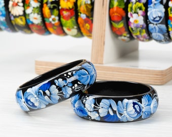 Ukrainian Hand Painted Wooden Bracelet, Handmade Flower Jewelry Bangle, Floral Bangle Bracelet For Women, Petrykivka Gift Ukraine Shop, S022