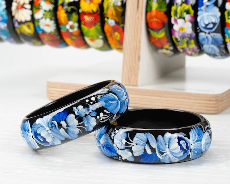 Ukrainian Hand Painted Wooden Bracelet, Handmade Flower Jewelry Bangle, Floral Bangle Bracelet For Women, Petrykivka Gift Ukraine Shop, S022 