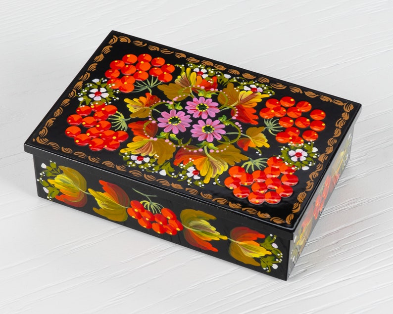 Ukrainian Hand Painted Decorative Box, Unique Lacquer Box, Handmade Rectangular Trinket Jewelry Casket, Petrykivka Gift Ukraine Shop, S171 image 4