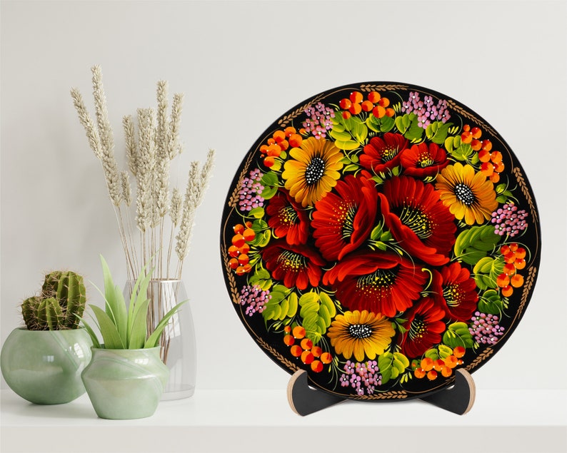 Ukrainian Hand Painted Decorative Petrykivka Plate, Handmade Floral Hanging Plate, Wooden Wall Decor Plate, Gift Ukraine Shop, S162 image 2