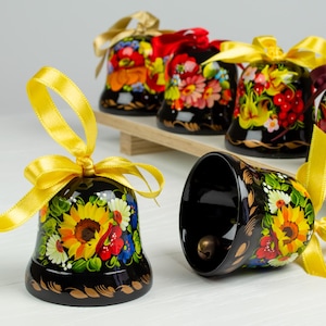 Ukrainian Christmas Tree Decor Ornament, Decorative Hand Painted Jingle Bell, Wooden Bell, Petrykivka Handmade Gift, Ukraine Seller, S221