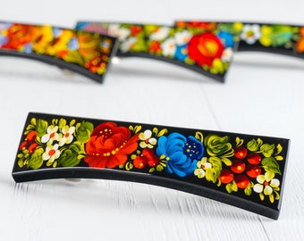 Ukrainian Hand Painted Hair Barrette For Woman, Handmade Accessories, Wooden Hair Clip, French Barrette, Petrykivka Gift Ukraine Shop, S012