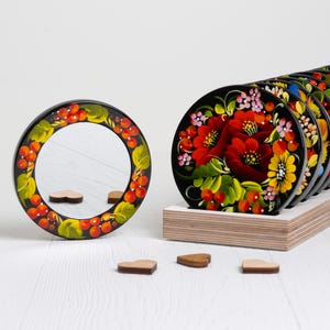 Ukrainian Cosmetic Mirror, Compact Unique Handmade Flower Jewelry Pocket Mirror, Small Purse Makeup Mirror, Petrykivka Gift Shop, S162