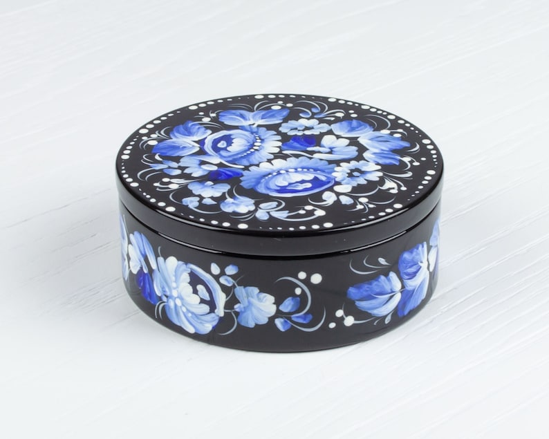 Ukrainian Small Decorative Box, Hand Painted Jewelry Box, Trinket Ring Box, Unique Handmade Lacquer Box Petrykivka Gift Ukraine Shop, S022 image 1