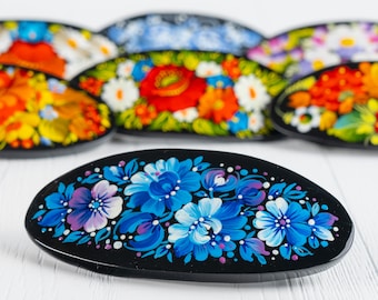 Ukrainian Hand Painted Hair Barrette For Woman, Wooden Hair Clip, French Barrette, Handmade Accessories, Petrykivka Gift Ukraine Shop, S211