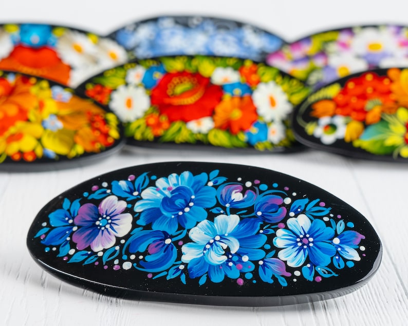 Ukrainian Hand Painted Hair Barrette For Woman, Wooden Hair Clip, French Barrette, Handmade Accessories, Petrykivka Gift Ukraine Shop, S211 image 1