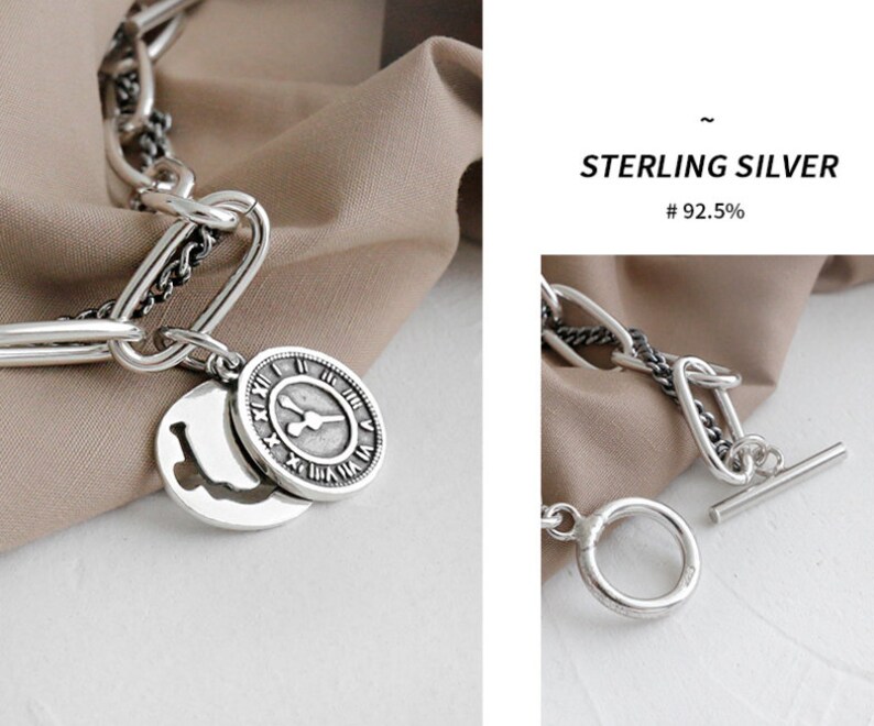 Oxidized Vintage Sterling Silver 925 Bracelet Logo Hardware Chain linked