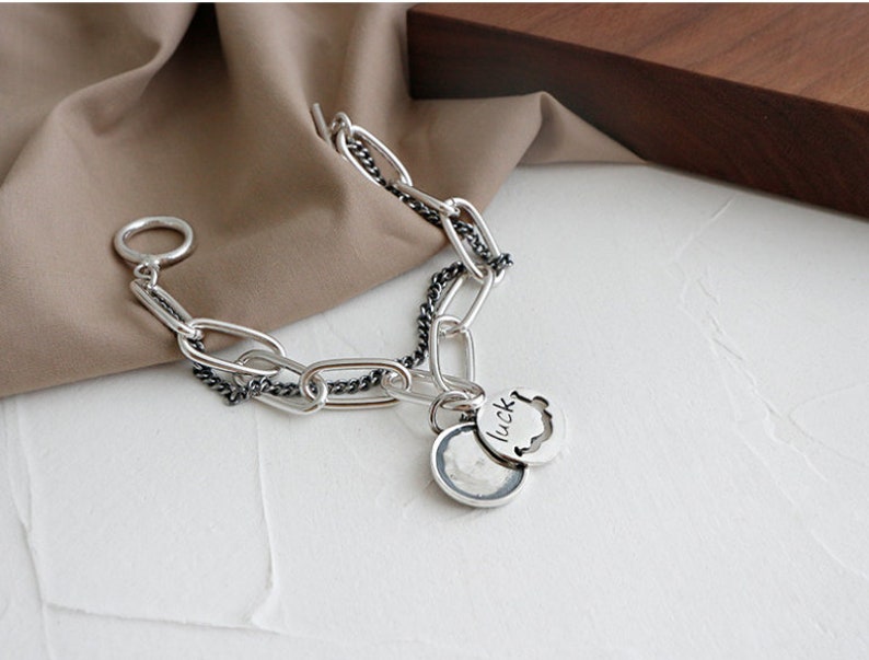 Oxidized Vintage Sterling Silver 925 Bracelet Logo Hardware Chain linked