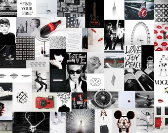 DIY Wall Collage Kit • 100 Photos in Black and White with Pops of Red • Dorm Room Wall Art Kit • Digital Prints Wall Decor • Home Decor