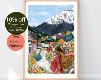 WOMEN AROUND the WORLD | Nepal Poster | Namaste | Travel Print | Mountain Art | Hiking Illustration | Boho Decor | Village Scene
