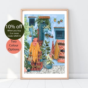 WOMEN AROUND the WORLD | Morocco Poster | Travel Print | Tropical Art | Botanical illustration | Moroccan Print | Chefchaouen City |  Boho