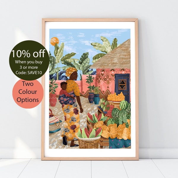 VROUWEN OVER DE WERELD | Ghana-poster | Reisafdruk | Tropische kunst | Botanische illustratie | Boho-decor | Afrikaans dorp | Fruitafdruk