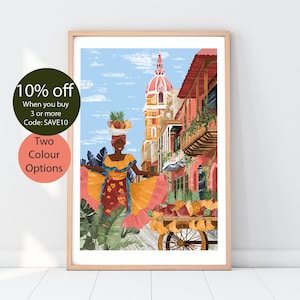 WOMEN AROUND the WORLD | Colombia Poster | Travel Print | Tropical Art | Botanical illustration | Boho Decor | Cartagena City | Fruit Print