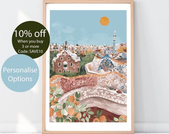 MEDITERRANEAN | Barcelona Poster | Travel Print | Botanical illustration | Boho Decor | Park Guell Print | Spanish Architecture Holiday Gift