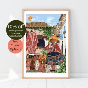 WOMEN AROUND the WORLD | Peru Poster | Travel Print | Llama Art | Botanical illustration | Boho Decor | Cusco City | Market Print