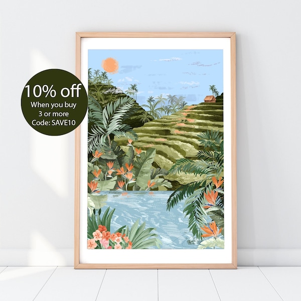 TROPICAL BALI | Rice fields Poster | Travel Print | Tropical Art | Botanical illustration | Boho Decor | Bali Print