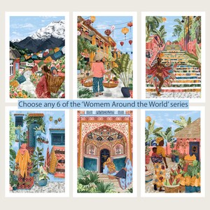 Set of 6 A5 prints WOMEN AROUND the WORLD | Travel Illustration | India Colombia Brazil Nepal Japan Peru Cuba Vietnam Morocco Ghana China