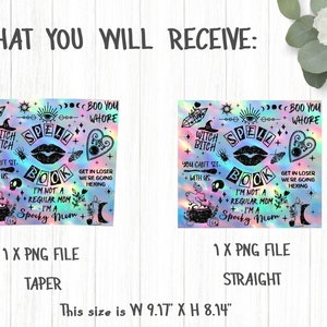 Puede incluir: Dos dise&ntilde;os digitales con un fondo hologr&aacute;fico y ilustraciones en blanco y negro de un caldero, una calavera, una luna creciente, una ara&ntilde;a, un coraz&oacute;n, un ojo, una polilla, unos labios y texto que dice "Witch Bitch", "Spell Book", "Boo You Whore", "You Can't Sit With Us", "I'm Not A Regular Mom", "I'm A Spooky Mom", y "Get In Loser We're Going Hexing". Los dise&ntilde;os miden 23,29 cm de ancho y 20,67 cm de alto.
