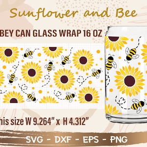 Envoltório de vidro de lata de girassol e abelha svg, faça você mesmo para copo de cerveja em formato de lata Libbey arquivo de corte de 16 onças para download instantâneo de Cricut e Silhouette