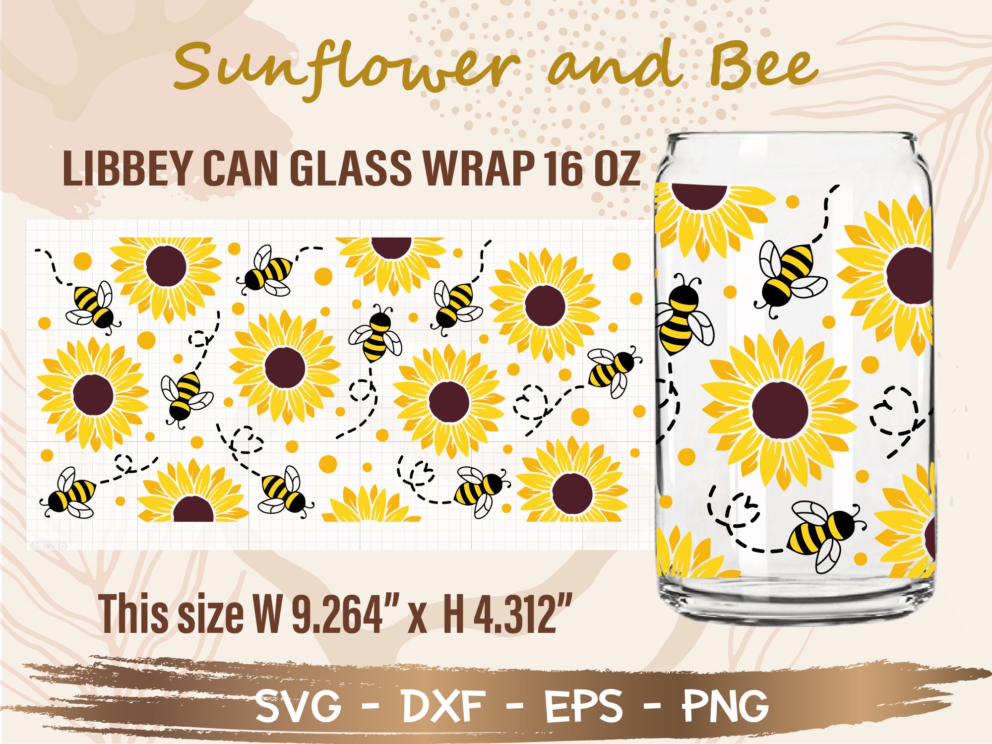 Sunflower and Bee Can Glass Wrap Svg, DIY for Libbey Can Shaped Beer ...