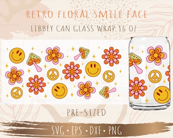 Retro Floral Smile face SVG, DIY for Libbey Can Shaped Beer Glass 16oz, Cut file for Cricut, Digital download