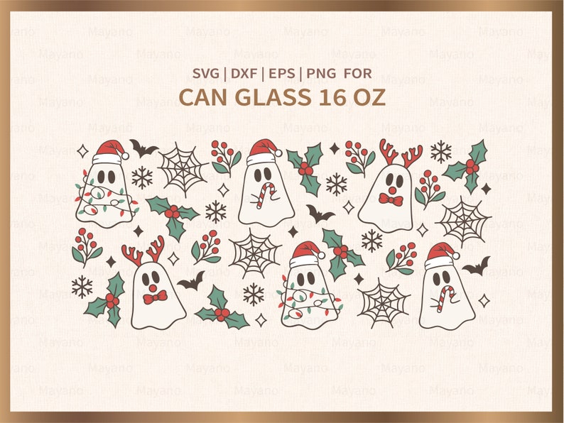 K&ouml;nnte beinhalten: Ein digitales Design mit einer Sammlung von Weihnachts-Geistern, die Weihnachtsm&uuml;tzen und Rentiergeweihe tragen. Die Geister sind umgeben von Stechpalmen, Schneeflocken, Flederm&auml;usen und Spinnweben. Der Text "SVG | DXF | EPS | PNG F&Uuml;R GLASDOSEN 16 OZ" befindet sich oben im Design.