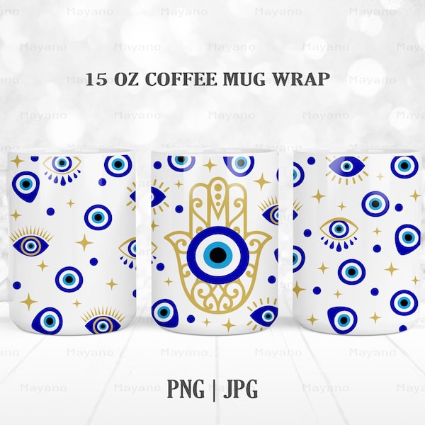 Blue Evil Eye 15 OZ Mug Wrap PNG, Sublimation Designs Digital Download
