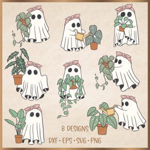 Puede incluir: Ocho diseños digitales que presentan un fantasma con una diadema rosa cuidando varias plantas de interior. El fantasma se representa sosteniendo una regadera, una planta en maceta o de pie junto a una planta en maceta. Los diseños son de estilo de dibujos animados y son adecuados para proyectos de manualidades.