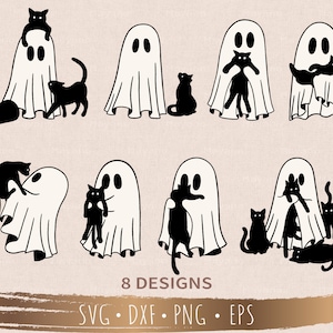 かわいい幽霊と黒猫の SVG バンドル 8 デザイン、ブー svg、ハロウィーン svg、Cricut 用ファイル、シルエット、即時ダウンロード