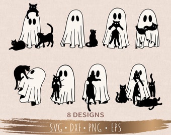 May include: Eight black and white illustrations of ghosts and cats. The ghosts are depicted in various poses, some holding cats, some with cats peeking out from behind them, and some with cats sitting or lying near them. The illustrations are simple and whimsical, perfect for Halloween decorations or crafts.