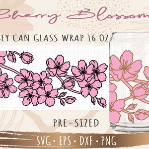 Cherry Blossom Can Glass Wrap svg, DIY para Libbey Can Shaped Beer Glass 16 oz lima cortada para Cricut y Silhouette