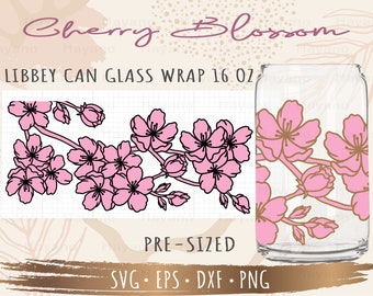 Cherry Blossom Can Glass Wrap svg, DIY for Libbey Can Shaped Beer Glass 16 oz cut file for Cricut and Silhouette