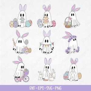 Può includere: Set di dieci immagini clipart digitali con simpatici conigli fantasma in varie pose a tema pasquale. I fantasmi sono bianchi con orecchie di coniglio rosa pastello e tengono uova di Pasqua, cestini, pennelli e conigli. Le immagini sono perfette per l'artigianato, lo scrapbooking e il design digitale.