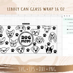 Peut inclure: Conception num&eacute;rique en noir et blanc avec un cercle contenant le texte "Dog Mom" et des empreintes de pattes. Autour du cercle, on trouve diff&eacute;rentes races de chiens, dont un bouledogue fran&ccedil;ais, un beagle et un chihuahua. Le design est destin&eacute; &agrave; &ecirc;tre utilis&eacute; comme un emballage de canette de 473 ml.