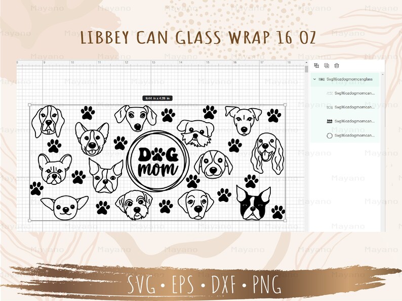 Peut inclure: Conception num&eacute;rique en noir et blanc avec un cercle contenant le texte "Dog Mom" et des empreintes de pattes. Autour du cercle, on trouve diff&eacute;rentes races de chiens, dont un bouledogue fran&ccedil;ais, un beagle et un chihuahua. Le design est destin&eacute; &agrave; &ecirc;tre utilis&eacute; comme un emballage de canette de 473 ml.