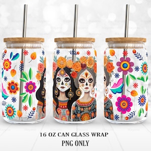 Día de los Muertos, Sugar Skull Girl PNG, Envoltura para lata de vidrio Libbey de 16 oz, Diseños de sublimación PNG Descarga digital