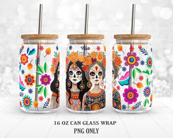 Day Of The Dead, Sugar Skull Girl PNG, Wrap for 16 oz Libbey Glass Can , PNG Sublimation Designs Digital Download