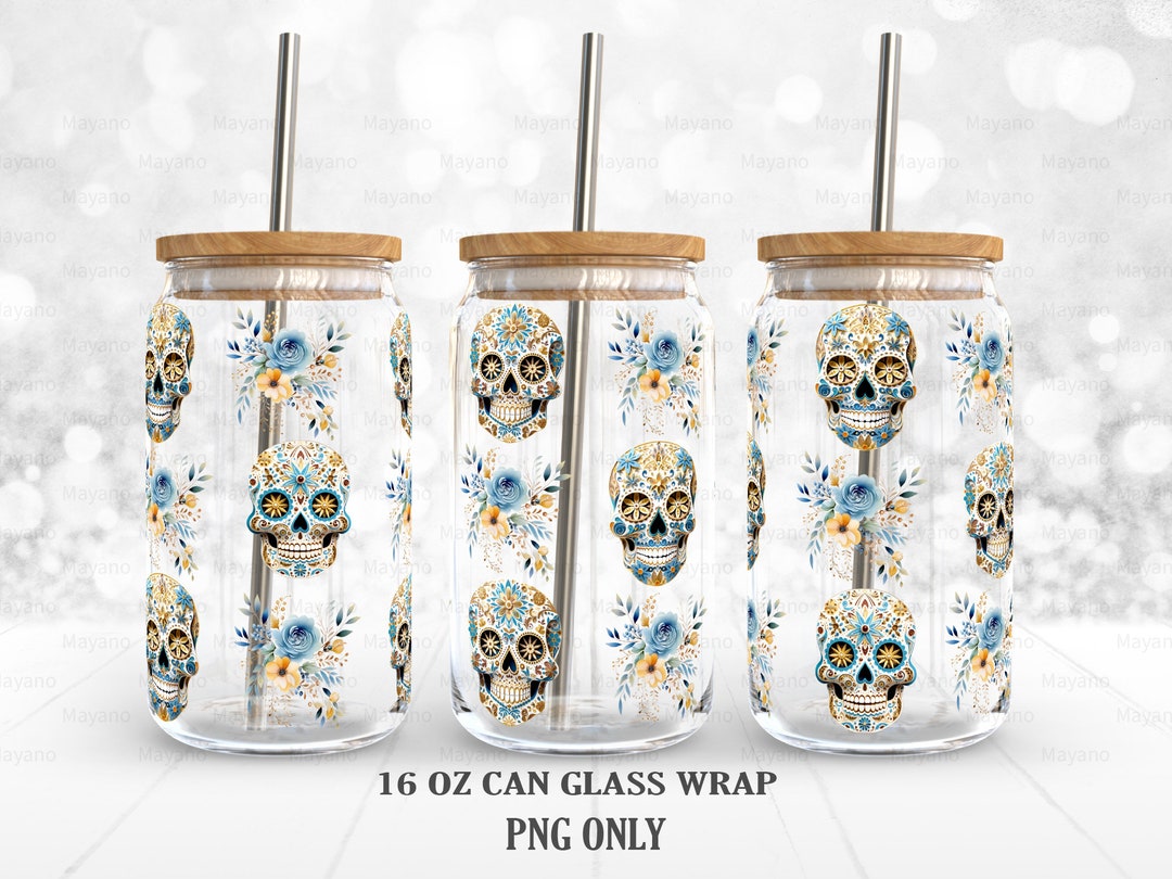 Sugar Skull PNG, Wrap for 16 Oz Libbey Glass Can , PNG Sublimation ...