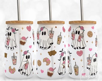Cute Ghost Cafecito Y Chisme 16 oz Libbey Glass Can Wrap, PNG Sublimation Designs Digital Download