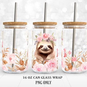 Sloth Floral PNG, DIY for 16 oz Libbey Glass Can Tumbler, PNG Sublimation Designs Digital Download