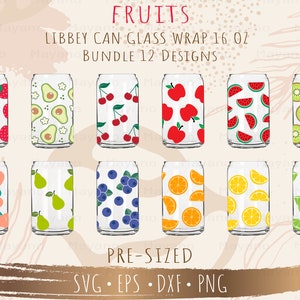 Fruits Bundle 12 Designs SVG, DIY for Libbey Can Shaped Beer Glass 16oz, Cut file for Cricut or Silhouette, Digital download