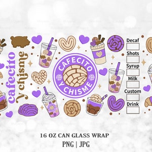 Puede incluir: Un dise&ntilde;o digital para una envoltura de lata de 473 ml con un esquema de color morado y marr&oacute;n. El dise&ntilde;o incluye una taza de caf&eacute; con crema batida y un pastel, un logotipo que dice "Cafecito y Chisime", y una lista de opciones de bebidas.