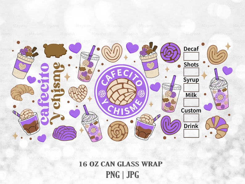 Puede incluir: Un dise&ntilde;o digital para una envoltura de lata de 473 ml con un esquema de color morado y marr&oacute;n. El dise&ntilde;o incluye una taza de caf&eacute; con crema batida y un pastel, un logotipo que dice "Cafecito y Chisime", y una lista de opciones de bebidas.
